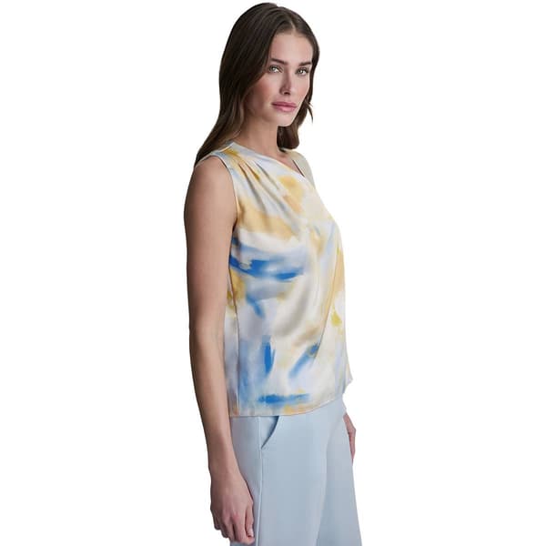 Womens DKNY Sleeveless Asymmetrical V Neck Abstract Blur Blouse