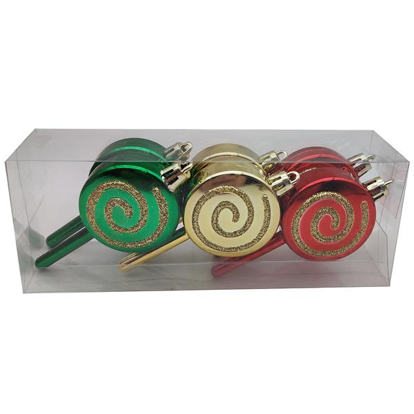 Set of 6 Gold/Red/Green Shatterproof Lollipop Ornaments - image 