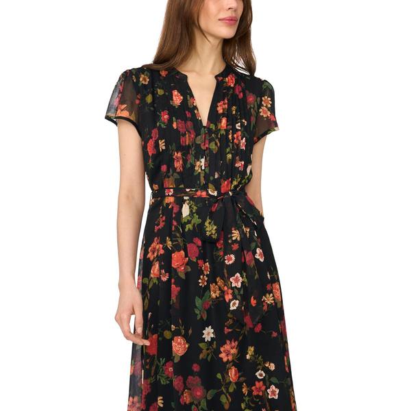 Womens MSK Short Sleeve Floral Split Neck Pintuck Midi Dress