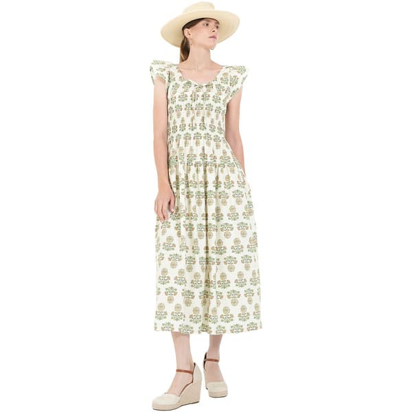 Womens MNK Ruffle Sleeve Smock Waist Fit & Flare Dress