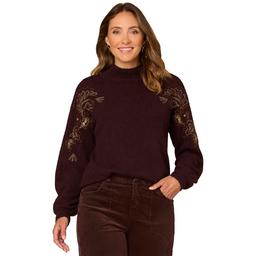 Womens Democracy Bead Embroidered Sleeve Mock Neck Sweater