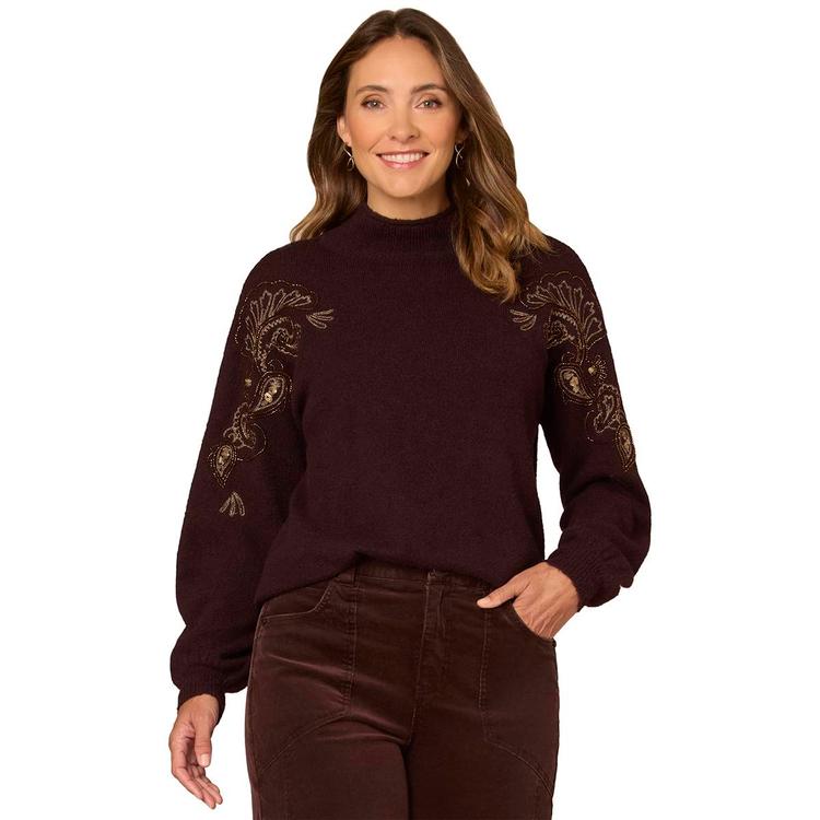 Womens Democracy Bead Embroidered Sleeve Mock Neck Sweater