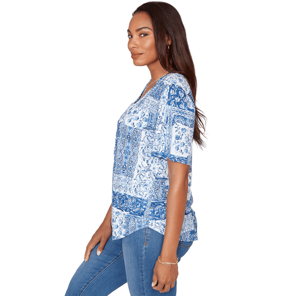 Womens Ruby Rd. French Riviera Elbow Sleeve Patchwork Henley Tee