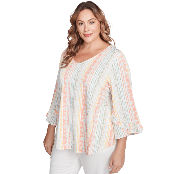 Plus Size Ruby Rd. Tropical Oasis Ruffle Sleeve Stripe Blouse