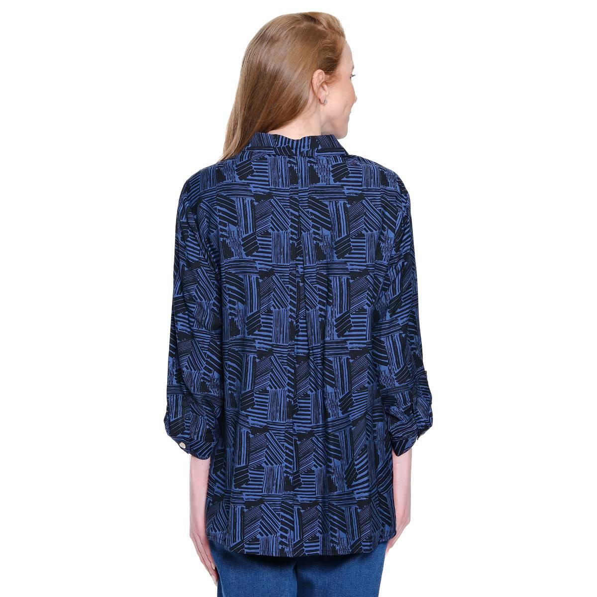 Plus Size Ali Miles Roll Tab Sleeve Abstract Button Front Blouse