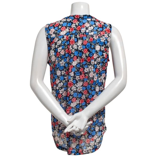 Womens Notations Sleeveless Floral Knit Pleated Split Neck Blouse