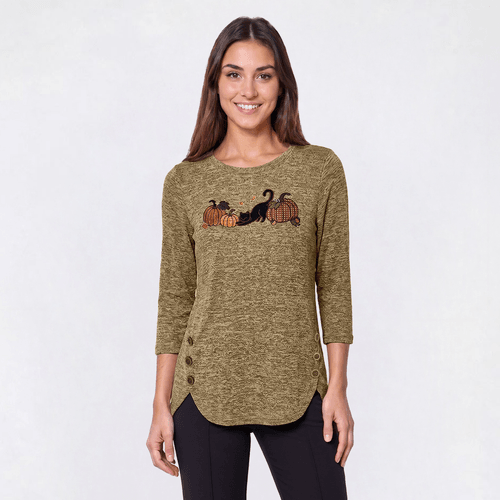 Womens Tru Self 3/4 Sleeve Cat & Pumpkin Button Accent Tee - image 