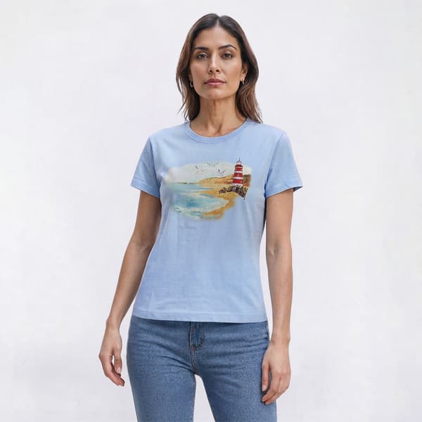 Womens Top Stitch By Morning Sun Lighthouse Seagulls Tee - image 