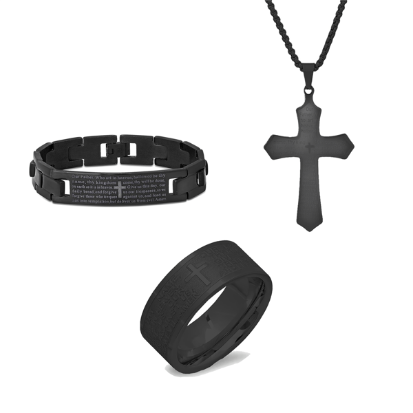 Mens Iron Saints Faith Black Lord’s Prayer Engraved 3pc. Set