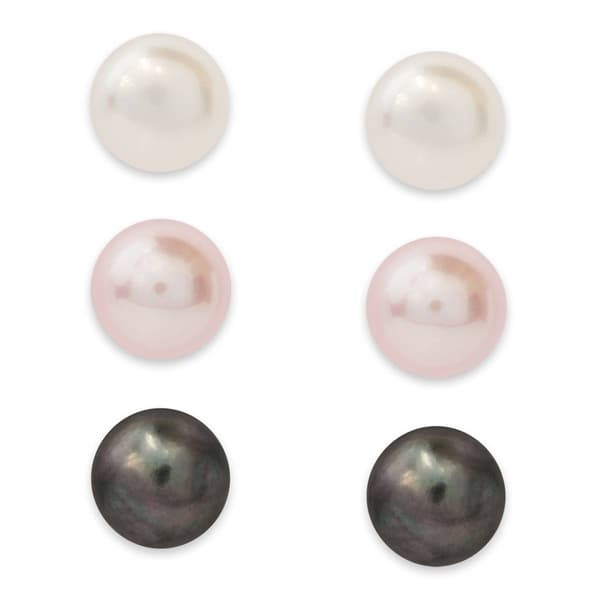 Sterling Silver Tri-Color Pearl 3pr. Earrings Set - image 