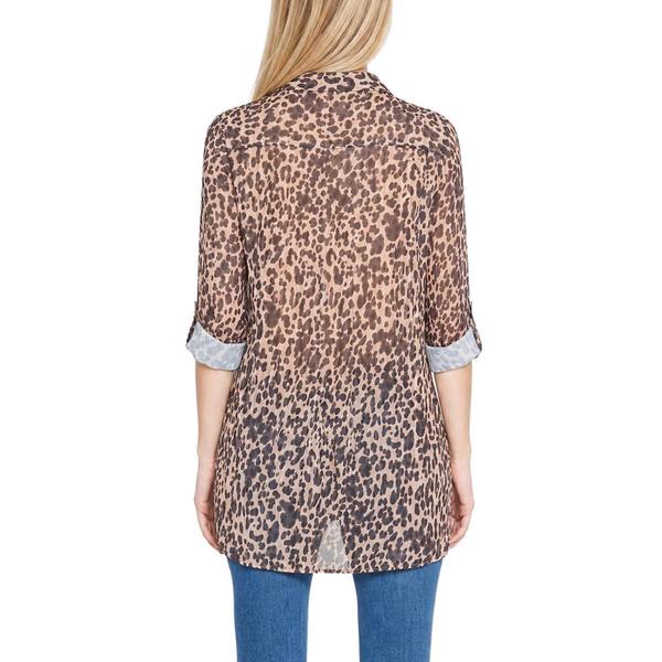 Womens NY Collection Roll Tab Sleeve Cheetah Mesh Tunic Blouse