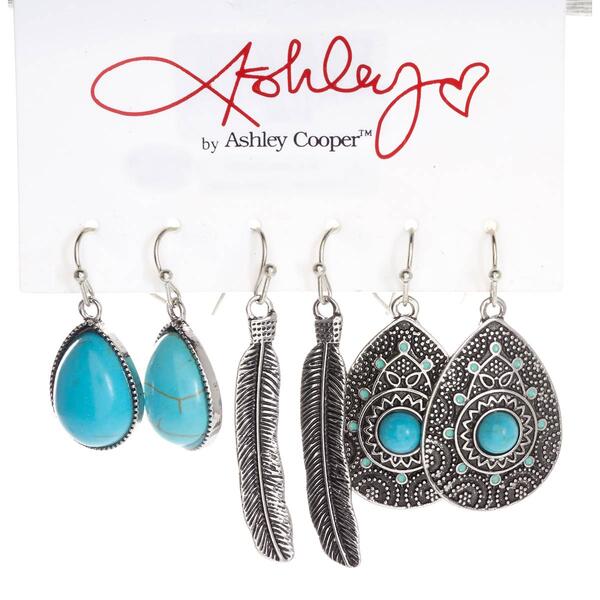 Ashley Antique Silver Plated 3pr. Earrings w/ Turquoise Stones - image 