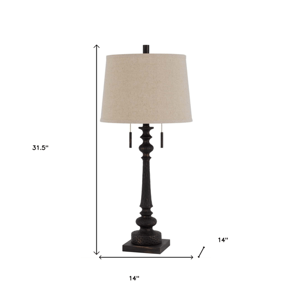 HomeRoots 32in. Charcoal Two Light Table Lamp with Tan Drum Shade