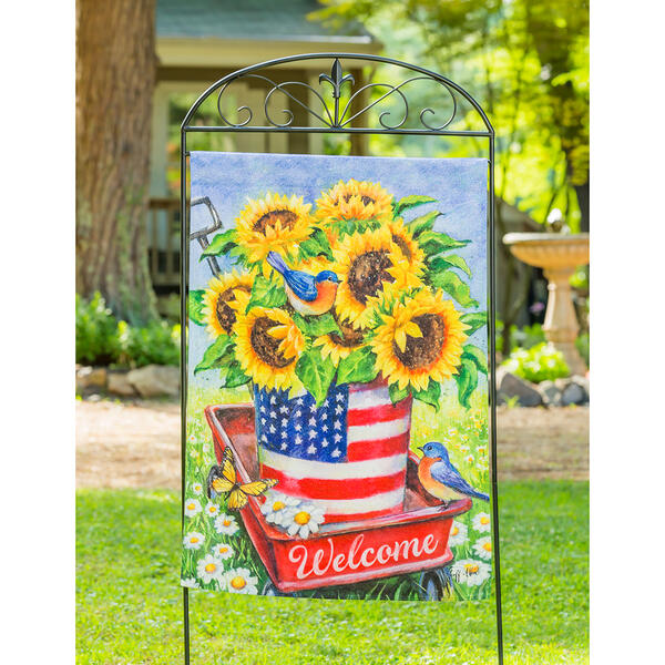 Evergreen Patriotic Sunflower Wagon Garden Flag - image 