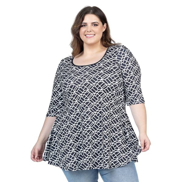Plus Size 24/7 Comfort Apparel Geometric Elbow Sleeve Tunic Top