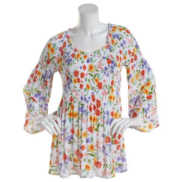 Womens Floral & Ivy 3/4 Sleeve Ruffle V-Neck Poppy Floral Blouse - image 
