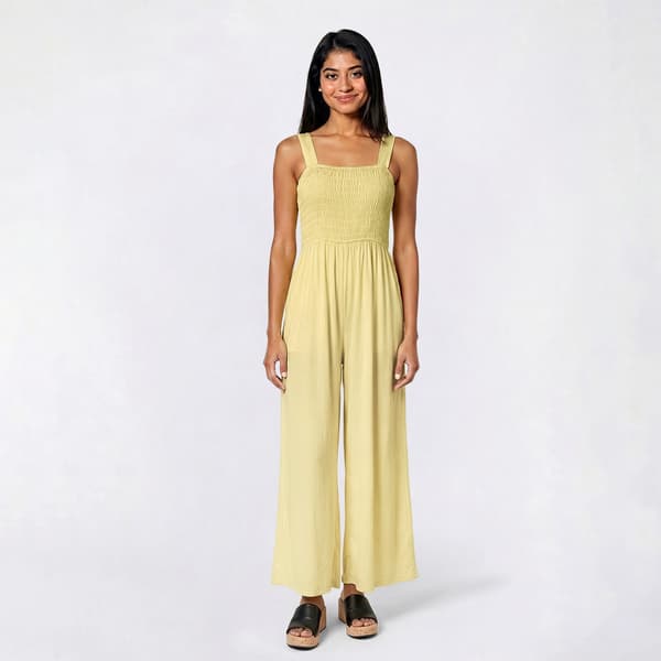 Juniors No Comment Wide Strap Smock Bodice Wide Leg Jumpsuit - image 