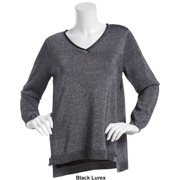 Womens Tint & Shadow Long Sleeve V-Neck Lurex Pullover Sweater