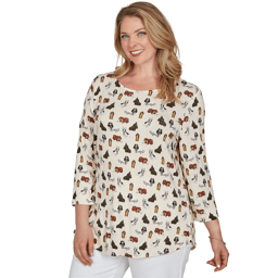 Plus Size Emaline Key Items 3/4 Sleeve Boat Neck All Over Dog Tee