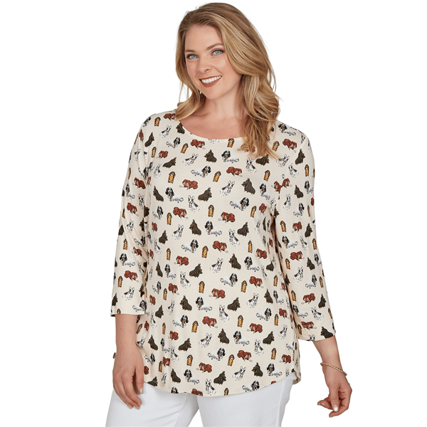 Plus Size Emaline Key Items 3/4 Sleeve Boat Neck All Over Dog Tee