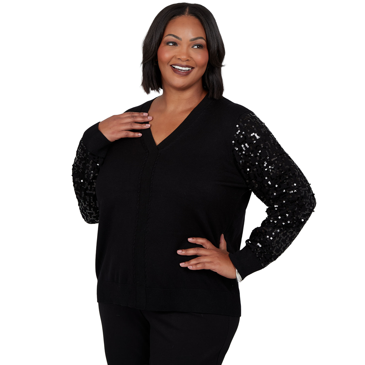 Plus Size Emaline Lavender Revelry Sequin Sleeve V-Neck Sweater