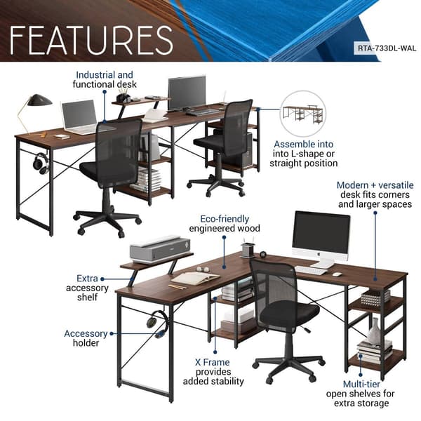 Techni Mobili L-Shape Industrial Desk w/ Storage Shelves
