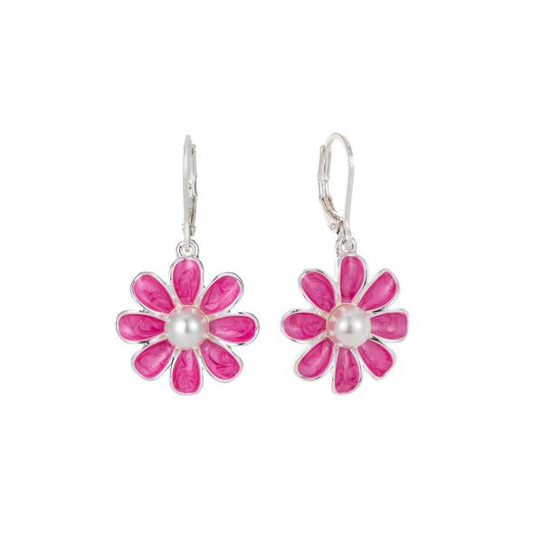 Gloria Vanderbilt Pink Pearl Flower Drop Leverback Earrings - image 