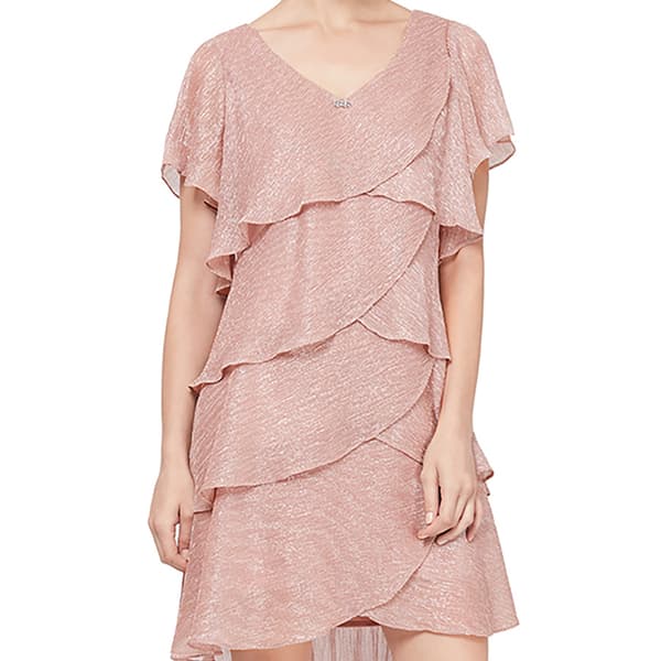 Womens SLNY Short Sleeve Tiered Shimmer Fit & Flare Borde Dress - image 