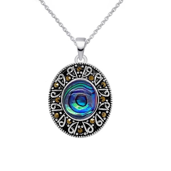 Marsala Marcasite & Paua Shell Oval Pendant Necklace - image 