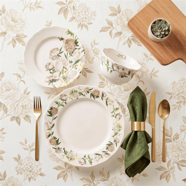 222 Fifth Luxe Peony Neutral Porcelain 12pc. Dinnerware Set