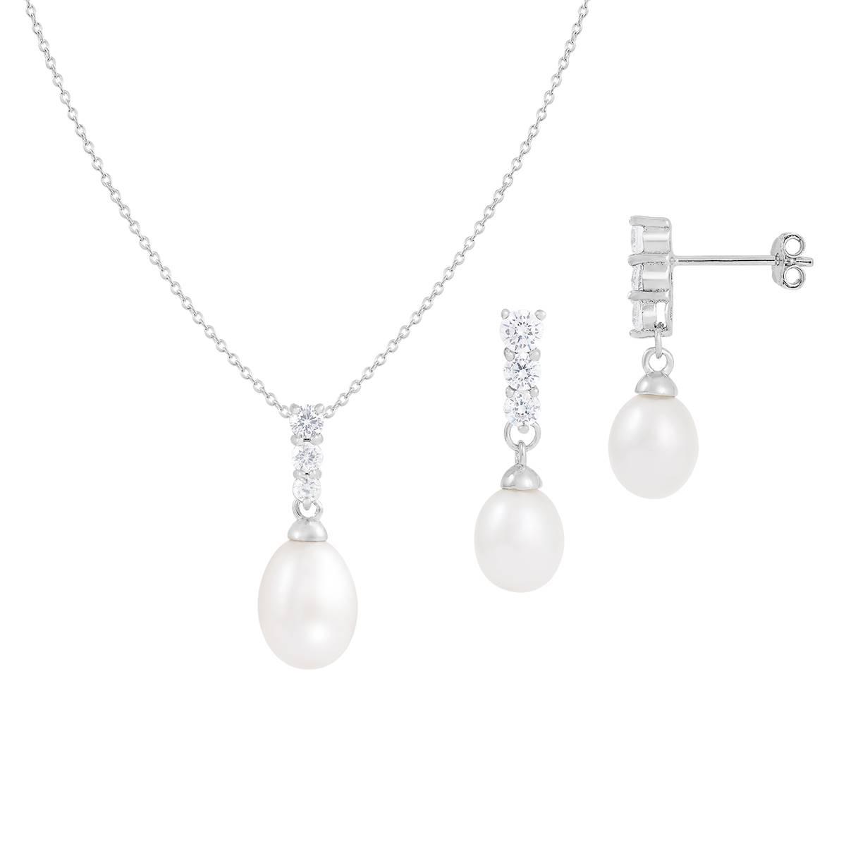 Splendid Pearls Sterling Silver Necklace & Earrings Pearl...