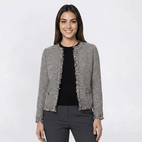 Petite Kasper Long Sleeve Open Tweed with Fringe Hem Jacket - image 