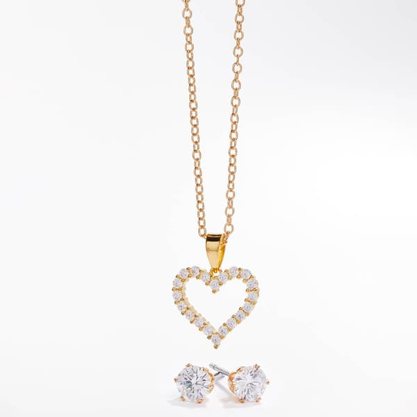 Gold-Tone CZ Heart Pendant & Earrings Set - image 