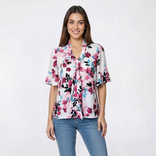 Womens Kasper Short Flutter Sleeve Tie Neck Place Floral Blouse - image 