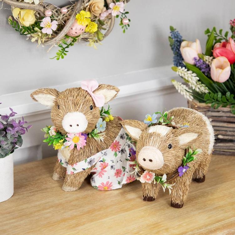 Northlight Seasonal Boy Piglet with Floral Wreath Spring Figurine