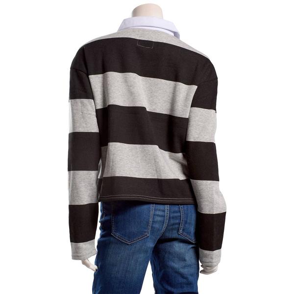 Juniors No Comment Rugby Stripe Fleece Collar Pullover- Grey