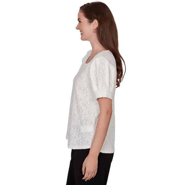 Womens Emaline Enchanted Bloom Short Sleeve Floral Knit Blouse