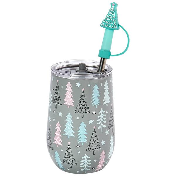 Gourmet Home Stainless Steel Glitter Tree Wine Tumbler with Straw - image 