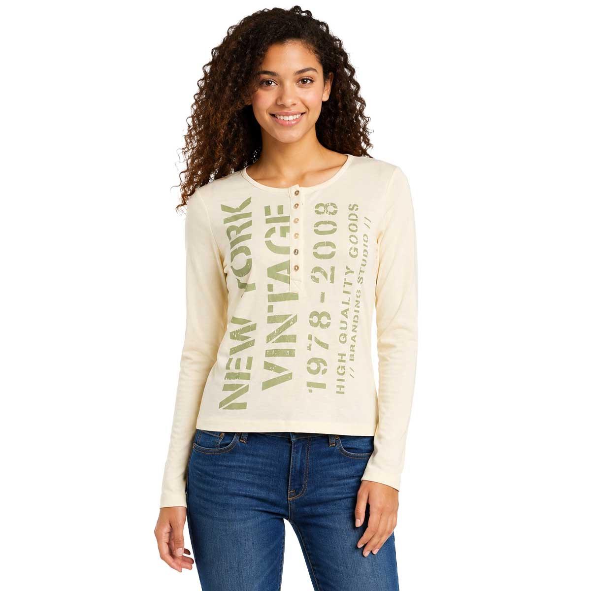 Juniors No Comment Long Sleeve Rib NY Vintage Screen Henley Top