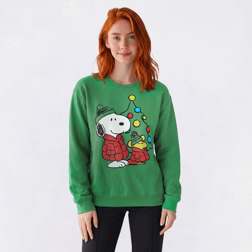 Juniors Peanuts(tm) Snoopy Woodstock Christmas Tree Crewneck - image 