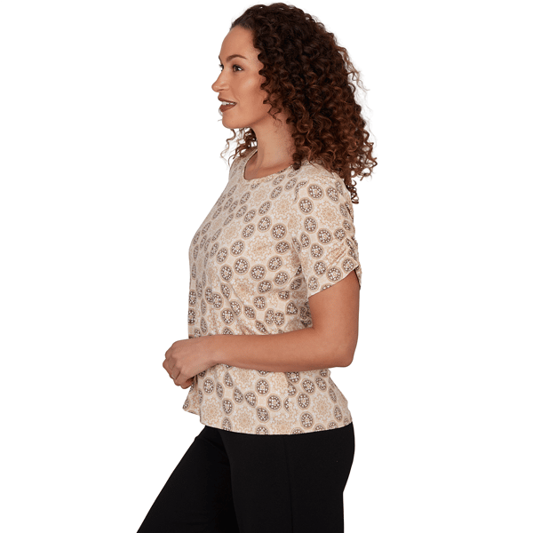 Womens Emaline Verde Grove II Short Ruch Sleeve Medallion Tee