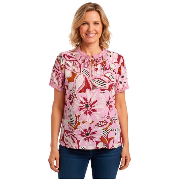 Womens Como Black Short Sleeve Tie Neck Floral Blouse - image 