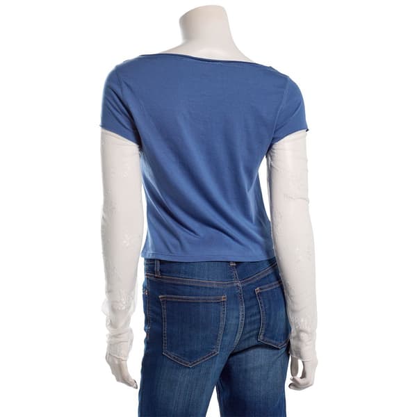 Juniors No Comment Boat Neck Screen Top w/ Lace Sleeves- Blue