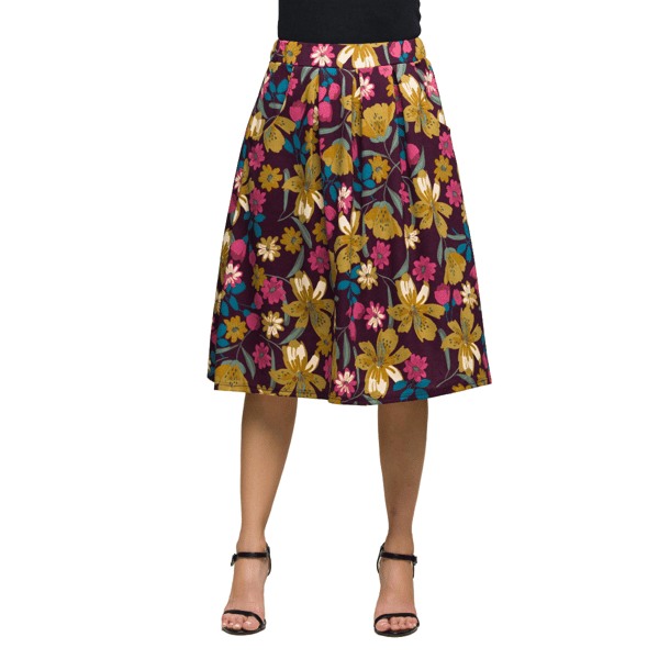 Womens 24/7 Comfort Apparel Purple Floral Pocket Midi Skirt - image 