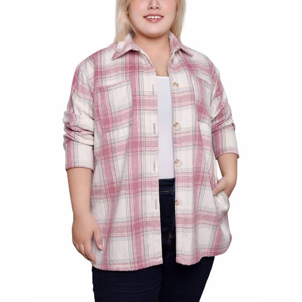Plus Size NY Collection Brushed Twill Plaid Shacket- Pink/White