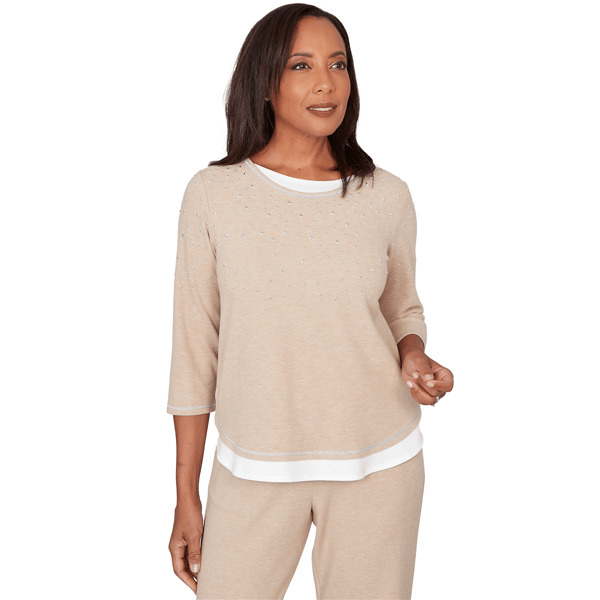 Petites Alfred Dunner Comfort & Joy Embellished Layered Hem Crew