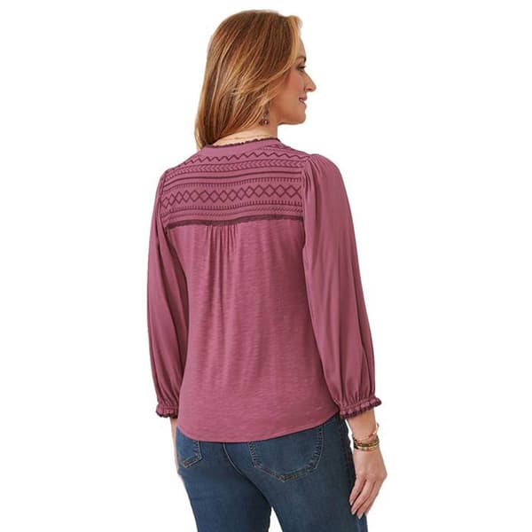 Petite Democracy 3/4 Sleeve Embroidered Yoke Half Placket Blouse