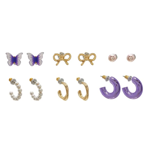 Ashley Gold 6pc. Purple Hoop Bow Earring Set - image 