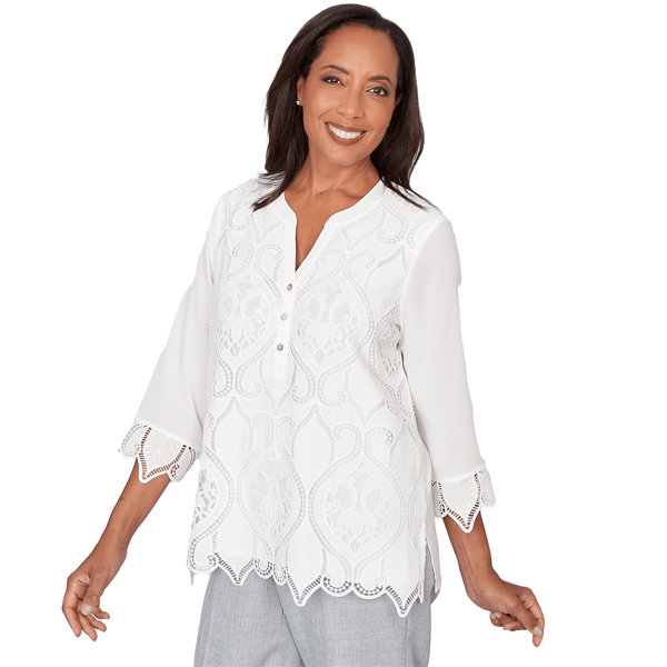 Petite Alfred Dunner Al Fresco 3/4 Sleeve Lace Cut Out Blouse