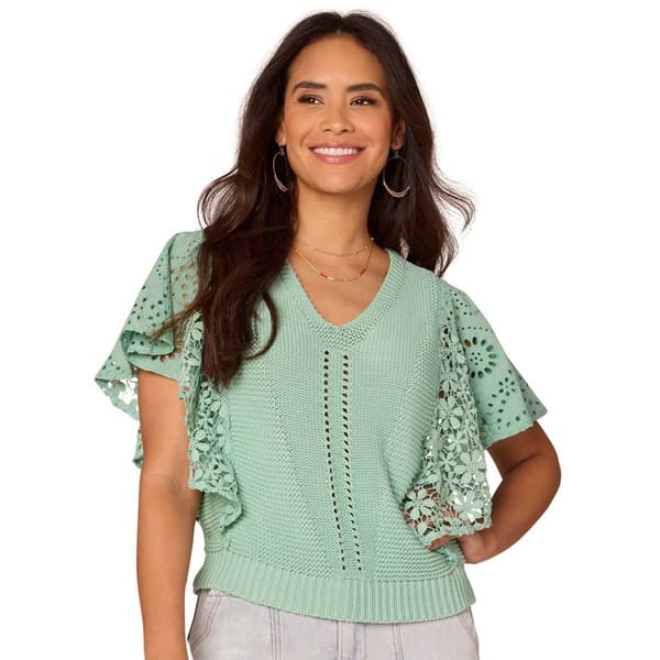 Womens Democracy Flutter Sleeve Eyelet Floral Lace Blouse - image 